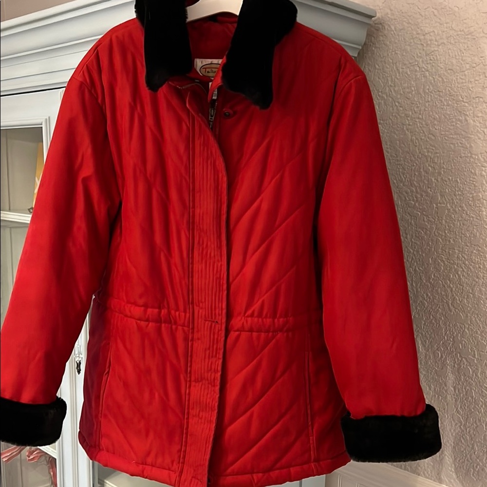 Talbots Red Puffer Jacket with Black Fur Collar and Cuffs